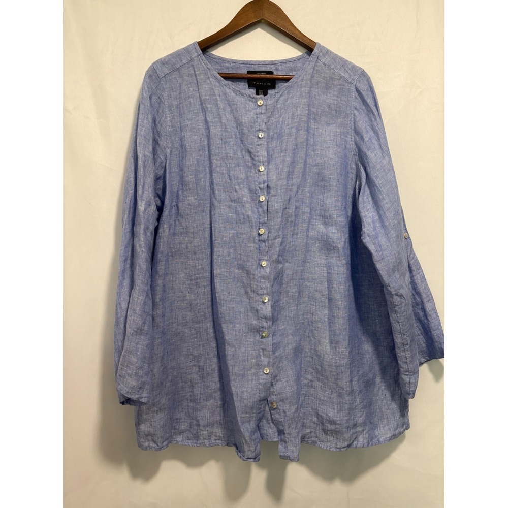 Tahari 1X Blue 100% Linen Button Front Tunic Blouse Roll Tab Sleeve